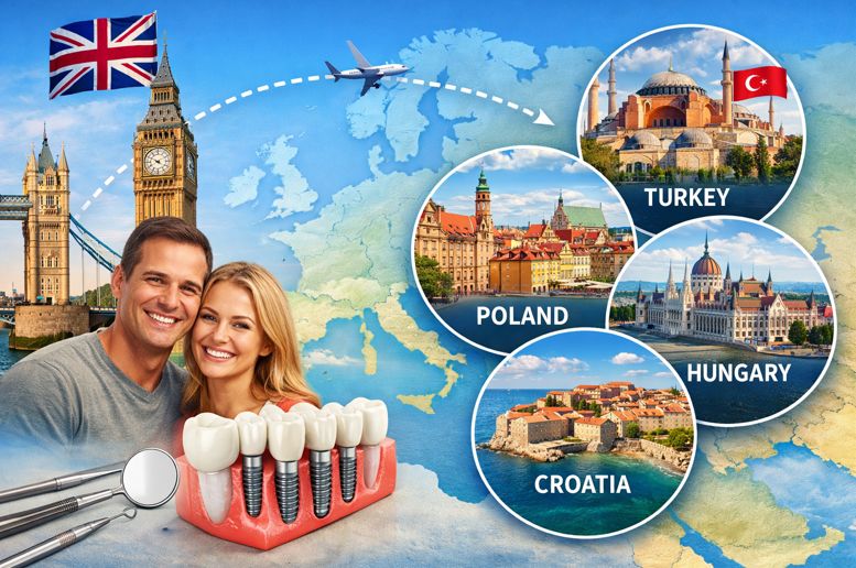 Illustration of UK dental patients travelling abroad for full mouth dental implants, showing a map from the United Kingdom to Turkey, Poland, Hungary, and Croatia with dental implants and European landmarks.