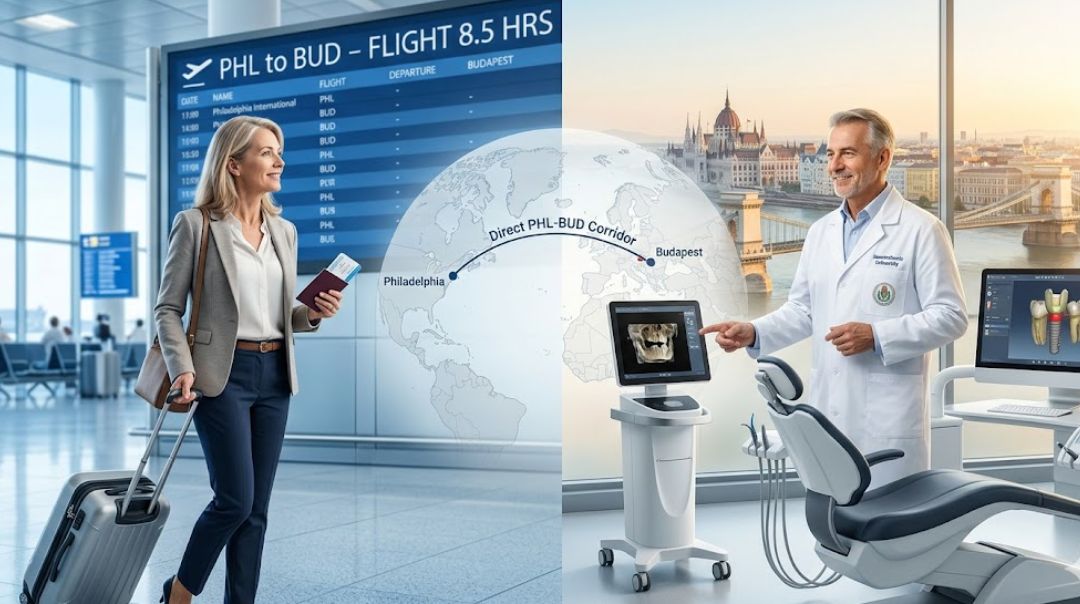 Split-screen view showing a patient at Philadelphia airport for a direct flight to Budapest and a high-tech Hungarian dental clinic with the city skyline.