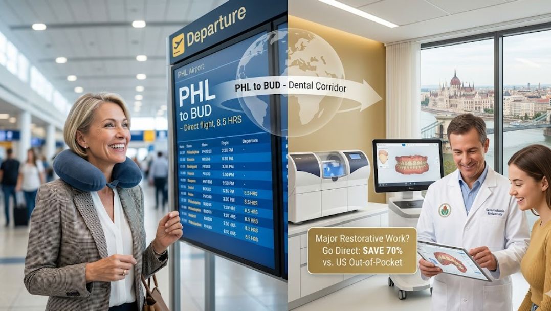 Split-screen graphic showing a traveler at Philadelphia International Airport and a dentist in a modern Budapest clinic with dental milling technology and the city skyline.