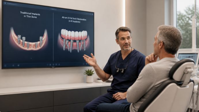 Dentist and middle‑aged patient reviewing 3D jaw scans comparing multiple basal implants with an All‑on‑X full‑arch fixed solution on a screen in a modern dental clinic.