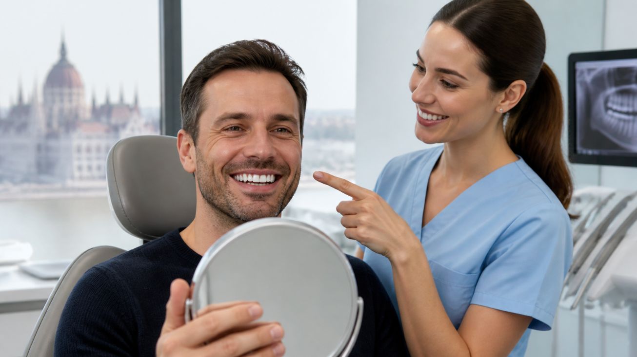 Photorealistic image of a UK dental tourist sitting in a modern Budapest clinic, smiling into a mirror to check new cosmetic veneers while a friendly female dentist in light-blue scrubs stands beside her, highlighting successful cosmetic dental tourism abroad.