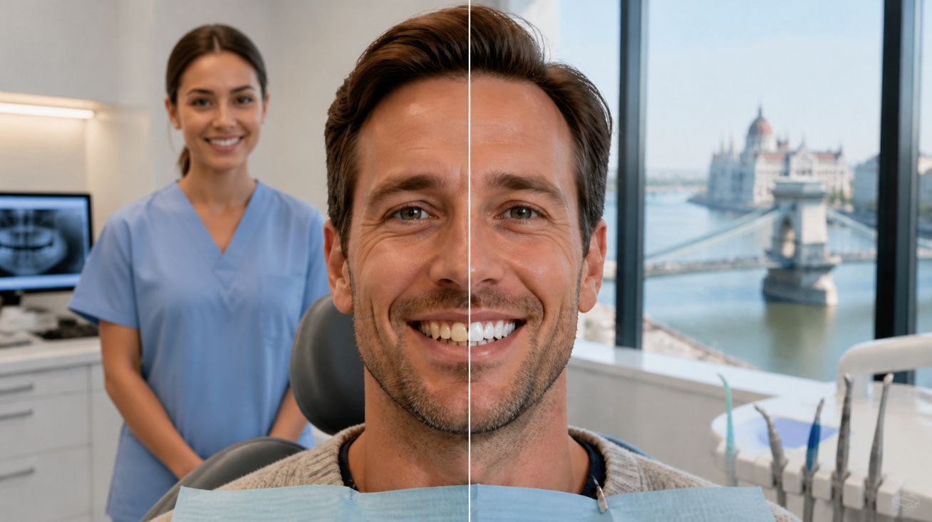 Photorealistic before-and-after image of a UK dental tourist sitting in a modern Budapest dental clinic chair, showing a split-face smile transformation, with a friendly female dentist standing in the background and a soft-focus Budapest skyline visible through the clinic window, highlighting the benefits of dental treatment abroad.