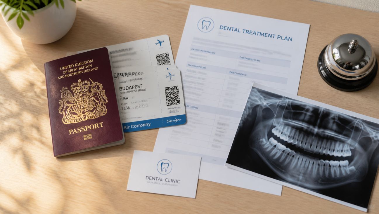 Photorealistic flat‑lay showing a UK passport, flight tickets to Budapest, a dental treatment plan, and a dental X‑ray arranged on a wooden desk, symbolising the cost savings and planning involved in UK patients choosing dental tourism abroad. 