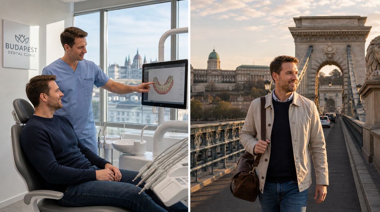 Photorealistic split image showing a smiling UK dental tourist in a modern Budapest dental clinic on one side and walking across a Budapest city bridge on the other, illustrating combined dental treatment and city break. 