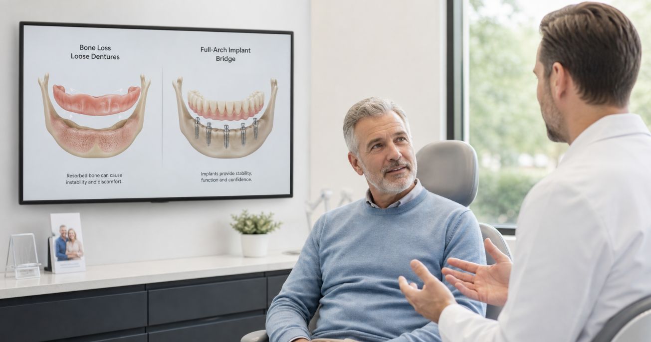 Dentist explaining full mouth restoration options with bone loss, comparing loose dentures to a stable full‑arch implant bridge on a screen in a modern Budapest Dental clinic.