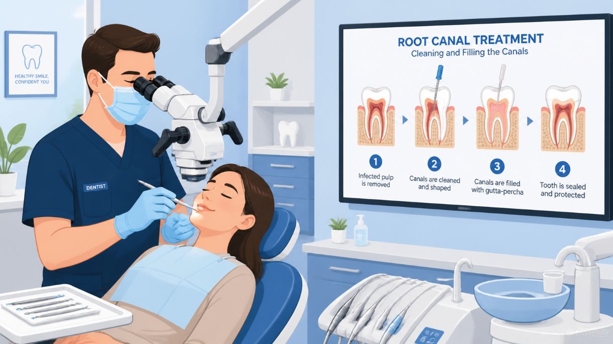 Dentist using a microscope to perform gentle root canal treatment on a relaxed adult patient, with a screen showing a simple tooth cross‑section of cleaned and filled root canals