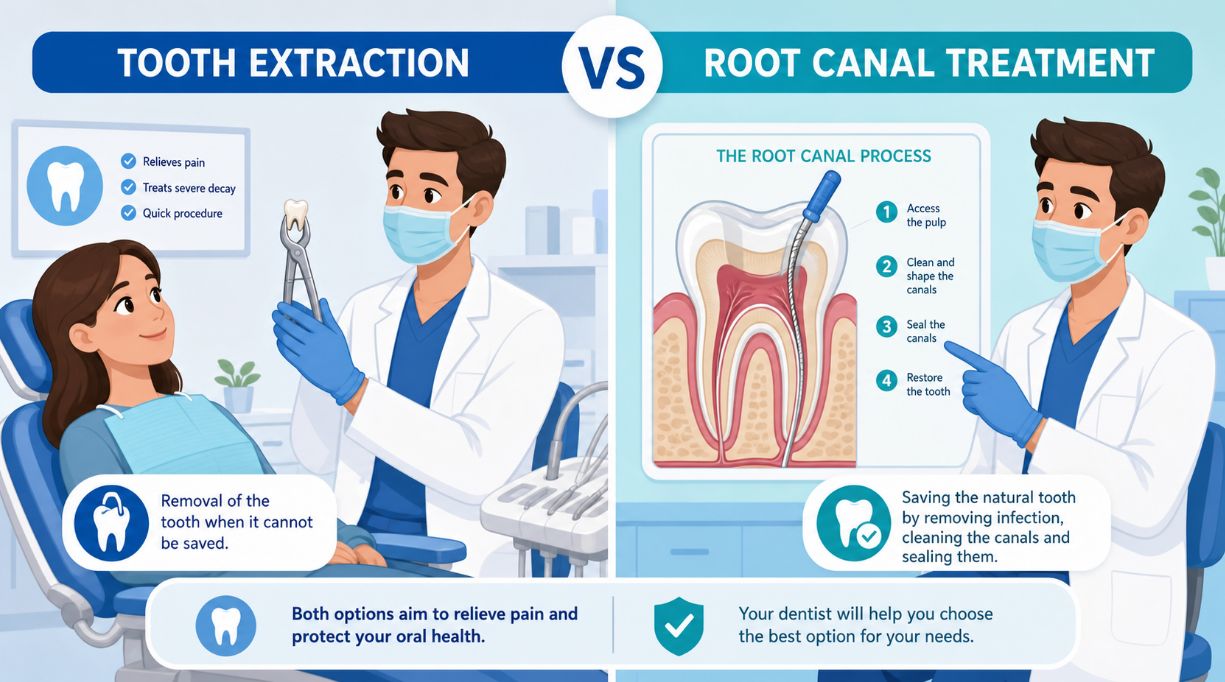 Calm dental patient with dentist showing tooth extraction on one side and root canal treatment diagram on the other, explaining options to save or remove a tooth
