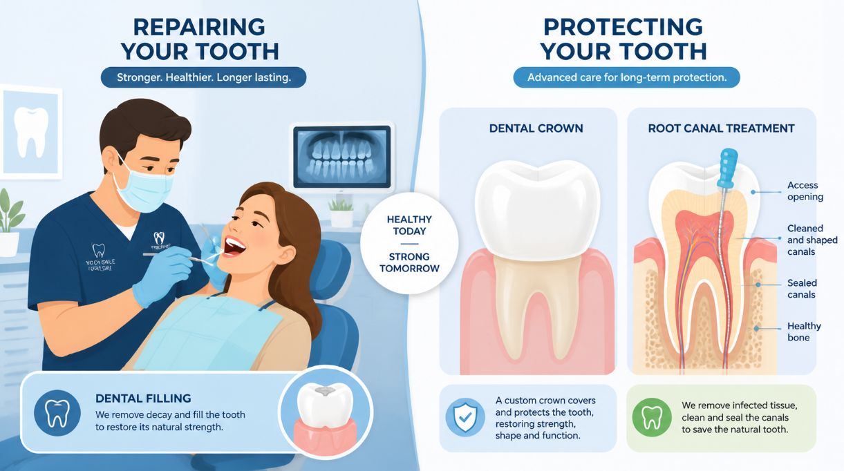Dentist explaining how fillings, crowns and root canal treatment can save a damaged tooth from extraction to a calm adult patient in a modern UK dental clinic