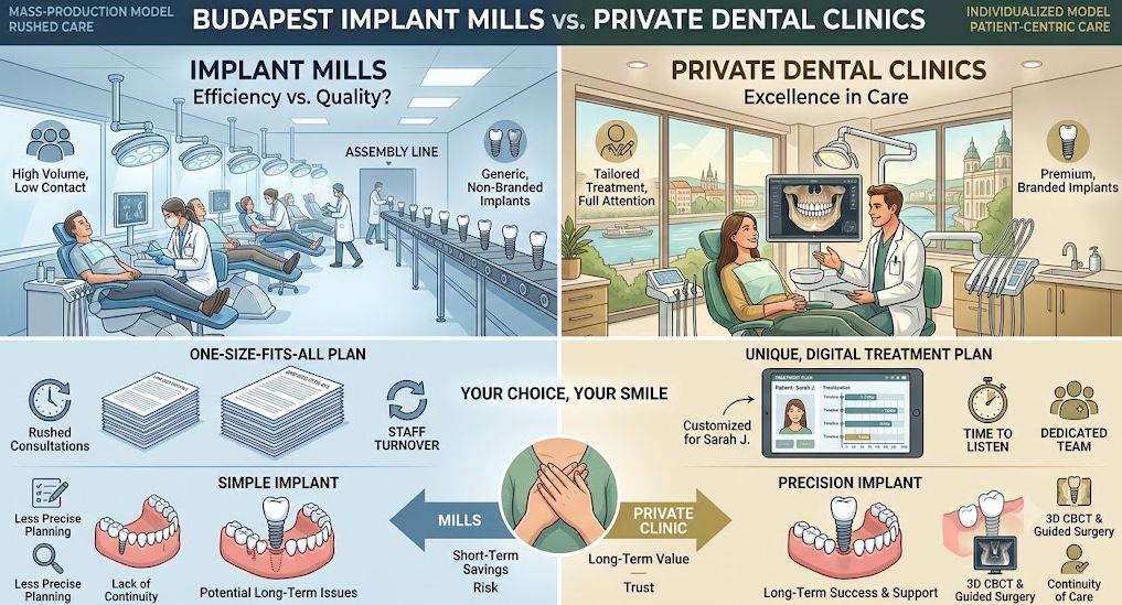 A comprehensive infographic comparing 'Budapest Implant Mills' and 'Private Dental Clinics'. The left side illustrates a 'mass-production model' with high volume, 'generic implants', 'rushed care', and 'staff turnover'. The right side shows an 'individualized model' with 'personalized treatment', 'premium implants', '3D CBCT guided surgery', and 'long-term care'. The bottom highlights the choice between 'short-term savings/risk' and 'long-term value/trust'.