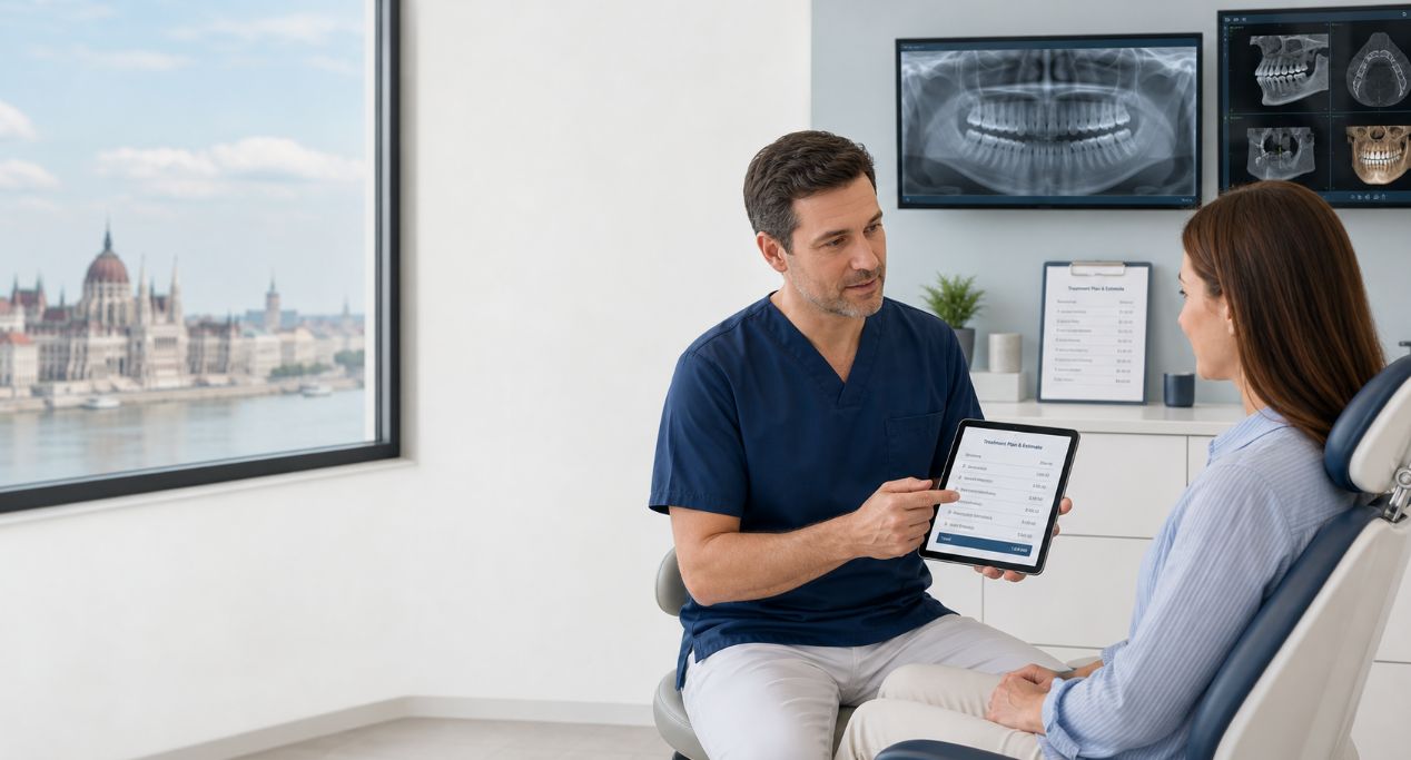 Budapest dental clinic consultation reviewing an itemised implant quote with 2D X-ray and 3D CBCT scan for UK patients