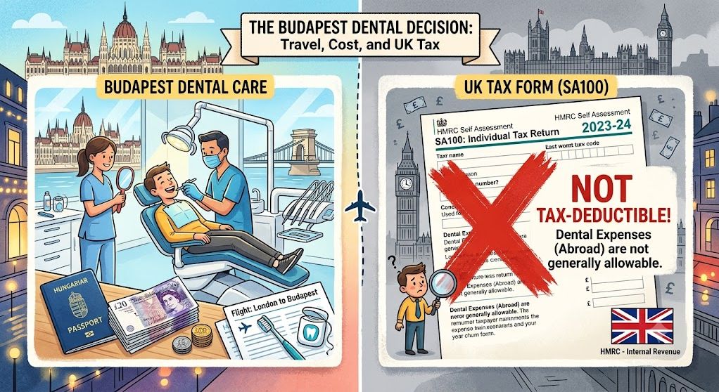 Graphic illustrating why private dental work in Budapest is not tax-deductible for UK residents, comparing a Hungarian dental clinic with an HMRC SA100 tax form crossed out in red.