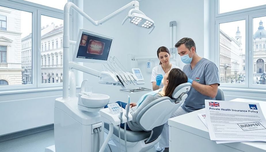 A patient receiving treatment in a modern Budapest dental clinic with a UK private health insurance policy document on a desk in the foreground.