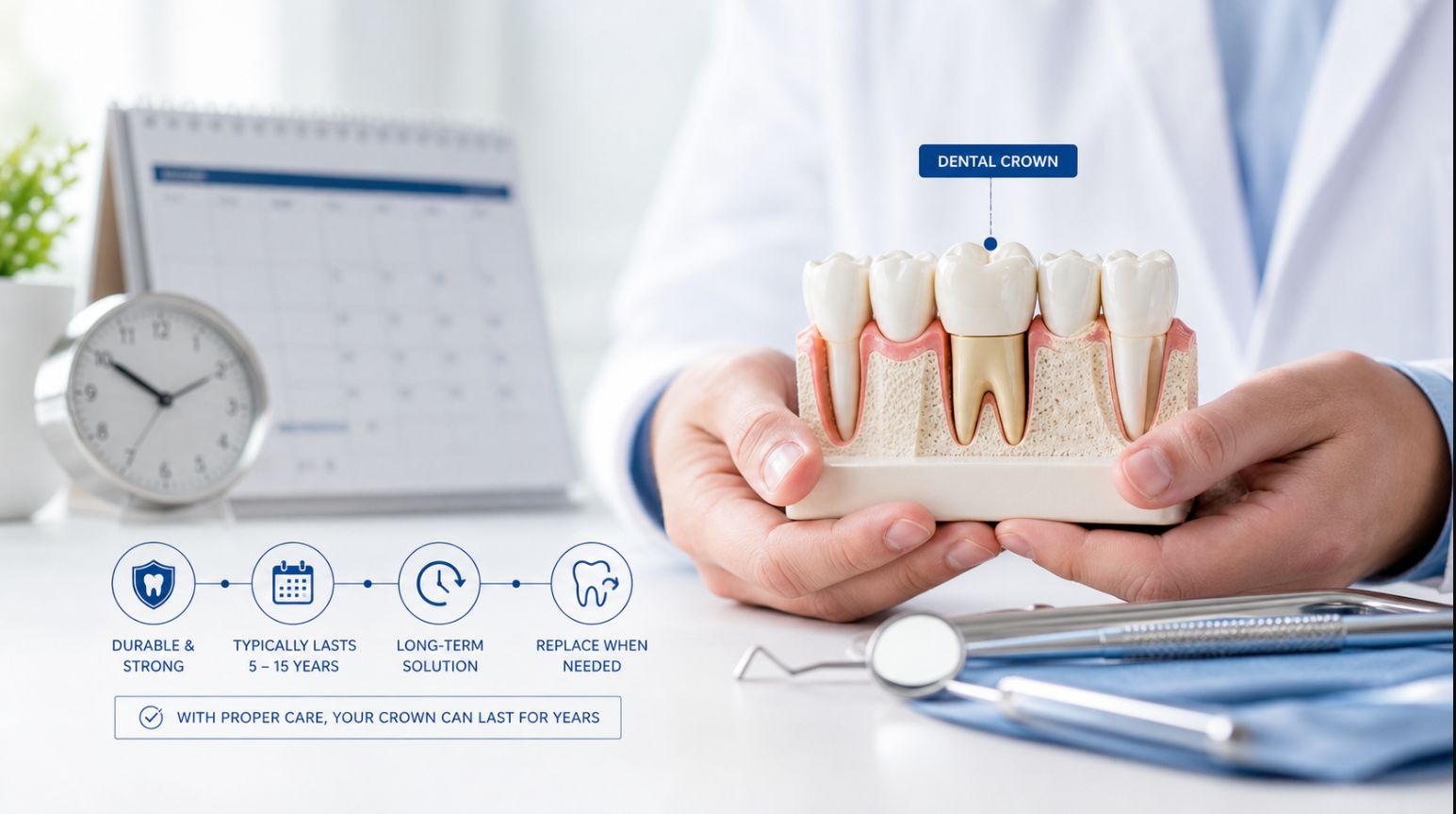 Dentist holding a tooth model with a dental crown, showing how long dental crowns last