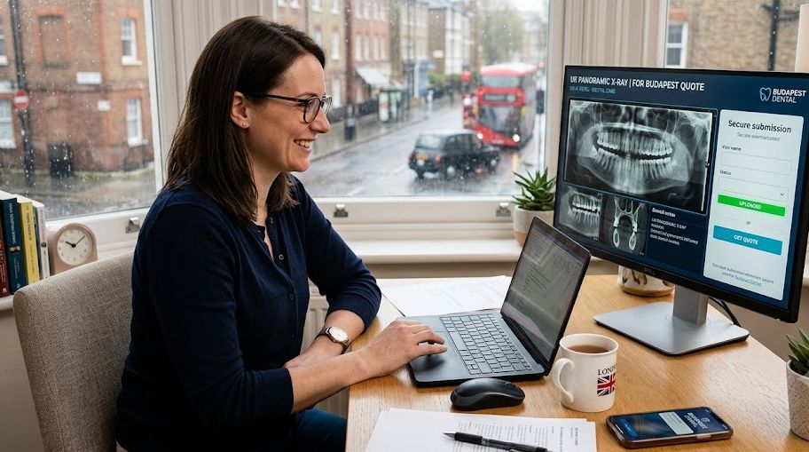 A UK patient in a London home office uploading a digital panoramic dental X-ray on her computer to request a treatment quote from Budapest Dental.