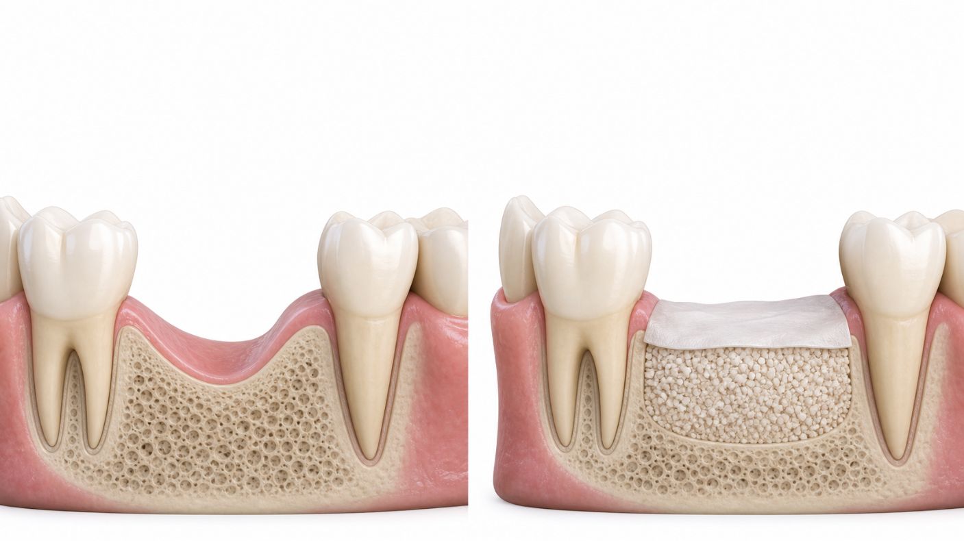 Illustration comparing post-extraction jawbone loss with bone socket preservation using a dental graft
