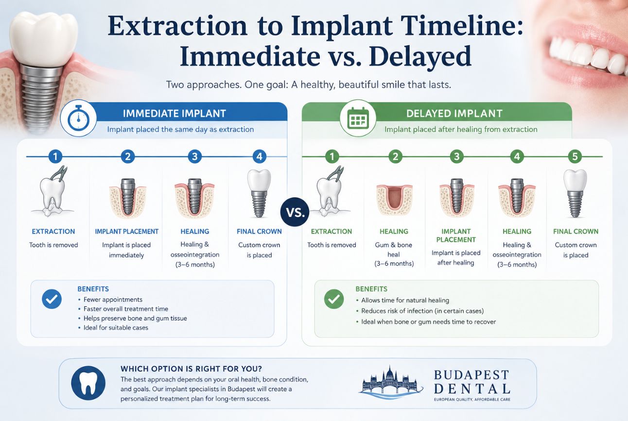 Extraction to implant timeline comparing immediate and delayed dental implant placement