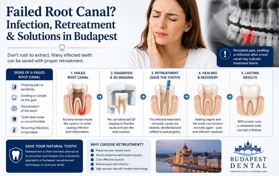 Failed root canal infection and retreatment process in Budapest showing diagnosis, 3D imaging and tooth-saving treatment