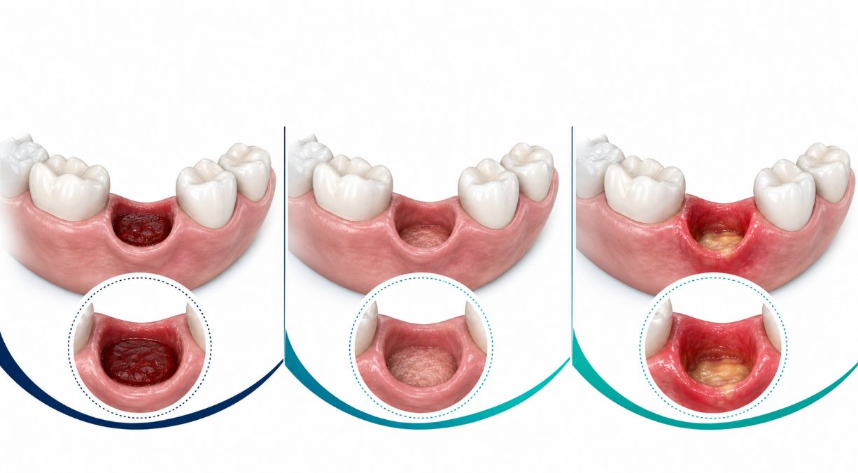 Illustration comparing normal tooth extraction healing with granulation tissue, dry socket and an infected extraction socket with swelling.