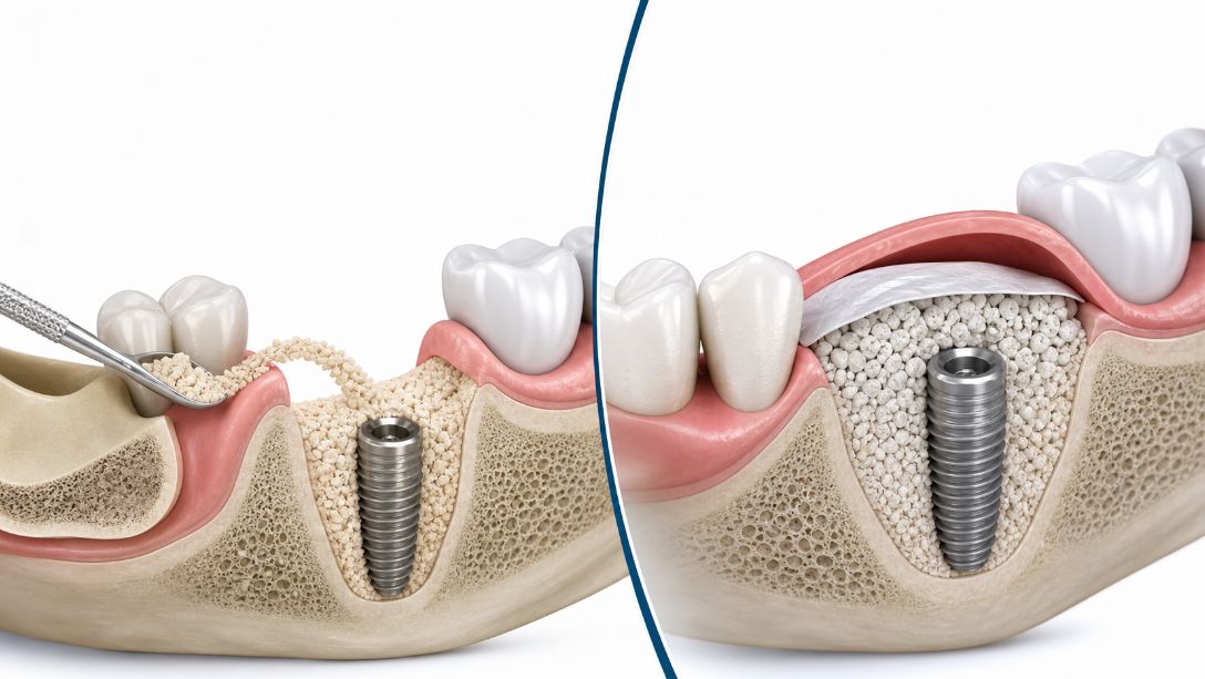 Comparison of using a patient’s own bone and man-made bone graft material to prepare the jaw for dental implants.