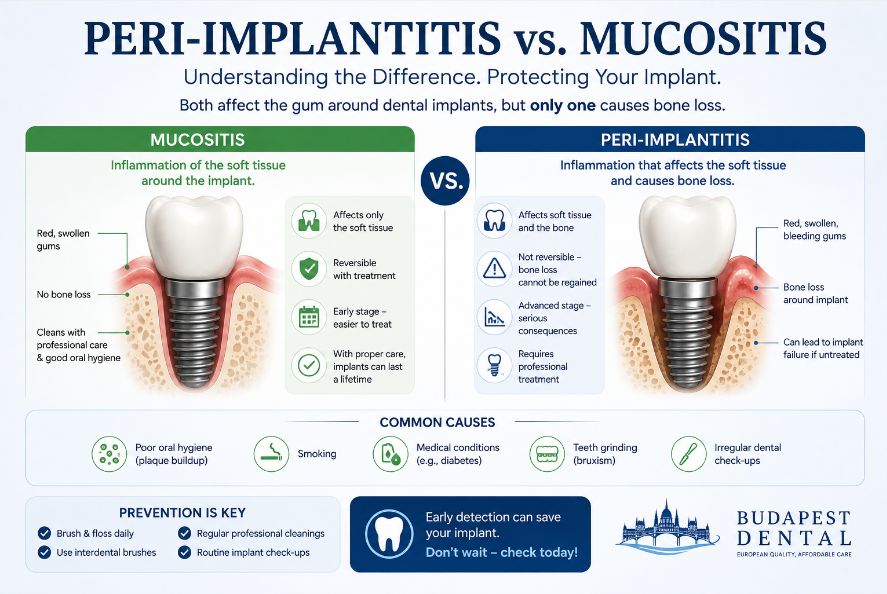 Peri-implantitis vs mucositis comparison showing gum inflammation and bone loss around dental implants