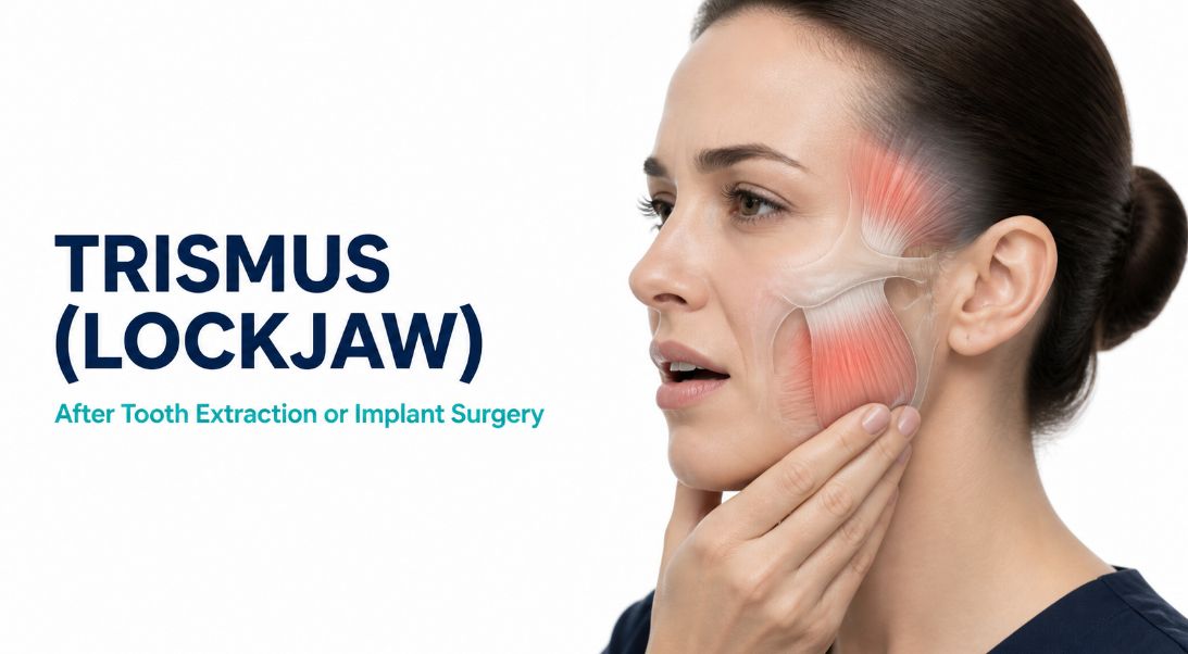 Trismus lockjaw after dental surgery showing jaw muscle stiffness and limited mouth opening