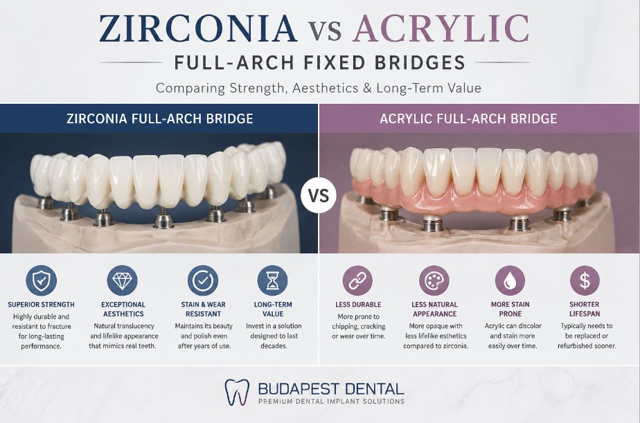 Zirconia vs acrylic full-arch fixed bridges comparison showing durability, aesthetics, stain resistance, and lifespan