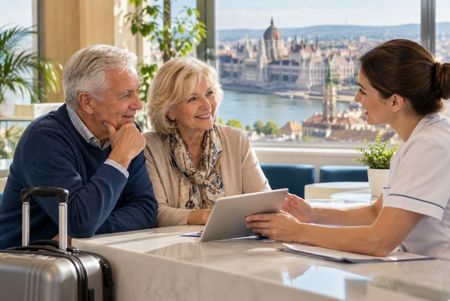 Elderly British couple discussing affordable dental treatment with a dental care consultant in Budapest, Hungary, overlooking the city.