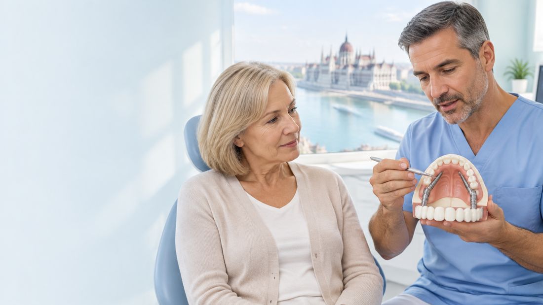 Dentist explaining pterygoid implants using an upper jaw model during a consultation with a patient in Budapest.