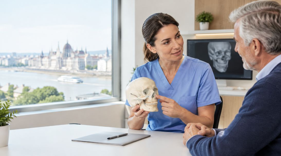 Surgeon explaining cheekbone anatomy with a skull model to an older patient during a zygomatic implant consultation in Budapest.